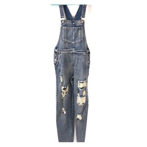 DISTRESSED DENIM OVERALLS